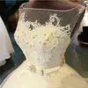 Juvel illusion halsringning applikationer eleganta brudklänningar skräddarsydd domstolståg vackra bollklänningar ärmlös tyll bröllopsklänning269g
