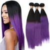 Preto e roxo Ombre Virgem Brasileira Humano Humano 3 Pcs Sedosa Reta Tece Extensões 1B / Roxo 2tone Ombre Pacotes de Cabelo Humano Ombre