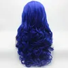 Iwona Cabelo Completo Ondulado Longo Azul Peruca 5 # 3500 Meia Mão Amarrada Resistente Ao Calor Peruca Dianteira Do Laço Sintético