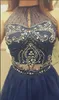 Sparkly Two Pieces Homecoming Dress Turquoise Tule Short School Formele A-lijn Halter Crystal Sheer Marineblauwe prom-jurk