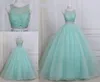 Stunning Mint Ball Gowns Prom Dresses Two Pieces Tulle Luxury Rhinestones Beaded Hollow Back Jewel Sheer Neck Long Party Evening Dress Gowns