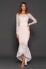 Sexy 2016 Latest White Lace Off Shoulder Tea Length Cocktail Dresses Vintage Long Sleeve High Low Mermaid Party Formal Gowns EN7082