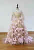 100 Real ImageGold Sequins Pink Flowers Girls Pageant Dresses Sheer Neck Long Sleeves Ball Gown Girls Performance Birthday Party1231325