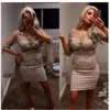 Two Piece Short Sheath Cocktail party Dresses with Long Sleeve Summer Applique Lace Beaded Sequined Sheer bodice Formal Prom Dress
