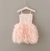 2016 Estate Bambini Ragazze Stereo Perla Fiori Pompon Pizzo Abiti Ragazze Pink Suspender Partito Principessa Abiti Abbigliamento B4185