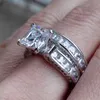 Luxo 100% realmente 925 conjunto de anéis de prata esterlina 2 em 1 aliança de casamento joias para mulheres 15ct 7*7mm corte princesa topázio anéis de pedra preciosa dedo