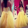 Bollkakor Tulle Beaded Crystal Prom Dress Sweetheart Backless Floor Length Party Gowns Lace Up Yellow Long Formal Afton Dresses