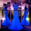 Röd Royal Blue Fuchsia Long Lace Crystal Rhinestones Beaded Mermaid Prom Klänningar Två Piece Evening Gowns Formella Party Pageant Klänningar