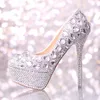 Свадебные туфли Женщины Высокие каблуки Кристаллические Мода Свадебные Обувь Женщина Платформы Серебряный Горный Гробную вечеринку Насосы Prom