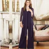 2021 elegante roxo plus size mãe da noiva calças ternos com jaqueta mulheres chiffon manga longa mãe vestido formal para casamento