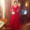 2019 vestido de noche de manga larga rojo elegante vestido de graduación de encaje vestido Formal de evento de talla grande bata de noche vestido de festa longo