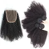 Brasiliansk 4 * 4 Topplåsning med hårbuntar Naturfärg Mänskligt hår Afro Kinky Curly 3pcs Mänskligt hår med spetslåsning 4st / lot
