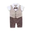 1pcs bébé garçons bébé gentleman costume costume de carrosserie avec cravate robes de vêtements tenues pantalon à carreaux grimper des vêtements de bébé mâle pleine lune B8465634