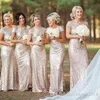 Mermaid Long Bridesmaid Dress Cap Sleeve Champagne Sequins Open Back Bling Country Bridesmaids Dress Plus Size