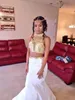 Rachel Allan Mermaid Prom Dresses Halter Neck Crystal Pärled Tafta White and Gold Backless Two Pieces Long Formal Evening Gowns1654986