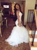 Sexy African White V Neck Mermaid Prom Dresses 2019 Sweep Train Ruffles Organza Long Graduation Party Gowns Cutaway Sides4007554