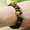 Nya Design Mens Armband Partihandel 8mm Naturlig Tiger Eye och Matt Agate Stone Pärlor Guld Lion Head Armband, Party Gift