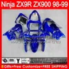 8gifts هيكل السيارة لمعلم أزرق Kawasaki ZX9R 98 99 ZX 900 Body 38NO18 ZX 9R 9R 9R 98-99 9 ص ZX900 ZX-9R 1998 1999 900cc Blue Black Flating