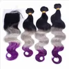 9A Virgin Peruvian #1B Grey Purple Three Tone Colored Hair Weaves With Closure Body Wave Wavy Ombre Hair 3Bundles With 4x4 Lace Closure