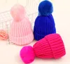 Winter Children Faux Fur Pom Pom Knitted Hats Kids Boys Girls Solid Wool Beanies Skullies Cap