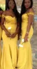 Encantador vestido de dama de honor con encaje amarillo Mangas en forma de sirena Satén Longitud del piso Vestido de gala formal modesto vestido de gala