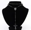 Fashion Black Round Bead Chain 316L Stainless Steel religious Crucifix Rosary Necklace Mens Cool Jewelry