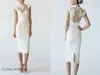 Free Shipping White Lace Knee Length Wedding Dress Wedding Sheath Column High Neck Pencil Dress Bridal Gowns