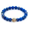 SN0446 8mm Blue Sea Sediment Stone Beads 18K Gold Rose Gold Silver Lion Head Bracelet, 2016 New Design High Grade Mens Jewelry