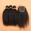 7A Malaio Kinky Em Linha Reta Cabelo Humano Com Fecho de Renda 4 Pcs Muito Malaio Italiano Yaki Grosso Tecer Cabelo Bundles 3 Pcs Com Fecho