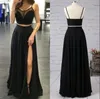 2019 Sexy due pezzi abito da ballo senza spalline collo trasparente chiffon nero abiti da sera lunghi da cerimonia con spacco alto