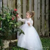 Lovely Lace High Neck Flower Girls Dresses Long Sleeves 2022 Tulle Ball Gowns Little Kids Skirts Princess First Communion Dresses Children