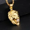 Fashion Jewelry 316L Stainless Steel 18k Gold Plated Lion Head Biker Pendant Charms With White Crystals Stone Free Rope Chain