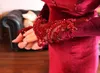 2018 Abaya islámico árabe en Dubai Vestidos de noche musulmanes Escote redondo Terciopelo rojo oscuro Encaje Cuentas de cristal Manga larga Fiesta de sirena Vestidos de baile