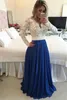 Glamorous Long Sleeve Chiffon Prom Dress With Pearls And Lace Appliques White and Blue Evening Dress formal women dress4817947