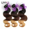 3 Pçslote 8-30 Polegadas Três Tons Ombre Peruano Extensões de Cabelo Humano Onda Do Corpo Cor 1B-4-27 Preto Marrom Loira Ombre Virgem Do Cabelo Weave Bundles