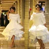백색 푹신한 숙녀 공식 드레스 1/2 긴 소매 높은 낮은 서쪽 국가 이브닝 파티 Vestido Ruched Arabic Prom Dresses