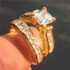 Lusso 100% davvero argento sterling 925 anello in oro giallo set gioielli da sposa 2 in 1 per le donne 20ct 7 * 7mm anelli con pietre preziose topazio taglio principessa