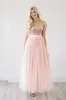 Latest 2017 Light Peach Tulle Sequined Top Bridesmaid Dresses Long Cheap Short Sleeve Pleats Ankle Length Maid Of Honor Gowns Custom EN10114