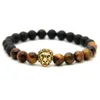 Nya Design Mens Armband Partihandel 8mm Naturlig Tiger Eye och Matt Agate Stone Pärlor Guld Lion Head Armband, Party Gift