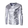 Camisetas masculinas brilhantes metálicas camisetas com decote em V manga comprida blusas para festas noturnas masculinas para clube traje de motorista de carro de corrida