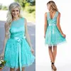 Turquoise Short Lace Bridesmaid Dresses 2019 Country Jewel Neck V Shape Back Knee Length Maid Of Honor Gown with Sash Custom Made EN80921