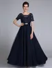 Elegant Mother Of the Bride Groom Dresses Floor-length Short Sleeve A Line Scoop Appliques with Beadings Wedding Party Evening Gowns