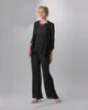 Preto Três Peças mãe da noiva Pant ternos com longos casacos Illusion mangas Chiffon mãe do noivo Plus Size Wedding Dress Visitante