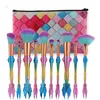 Kit di pennelli per trucco a forma di pesce sirena, strumento di bellezza cosmetica, fondotinta, ombretto, cipria, arcobaleno, set di pennelli per trucco con borsa
