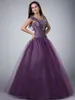 Purple Ball Gown Long Modest Prom Dresses With Short Sleeves Scoop Corset Back Sparkly Beaded Floor Length Teens Formal Prom Gowns