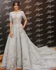 Lyx Zuhair Murad 2019 Aftonklänningar Lace Applique Pärlor Sweep Train Silver A Line Prom Gowns Crystal Short Sleeve Party Formell Dress