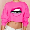 All'ingrosso-Donna Maniche lunghe Felpe Pullover Tuta Capispalla O Collo Grandi labbra rosse Bocca 3D Denti con diamanti Stampa Felpe con cappuccio Crop Top