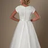 Vintage Lace Tulle Modest Cap Sleeves Wedding Dresses With Sleeves V Neck Button Back Bridal Gowns A-line Beaded Sash Wedding Gowns