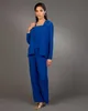 2016 modeste pantalon bleu royal costumes pour mère mariée Sexy Bateau cou manteau à manches longues Plus la taille en mousseline de soie mère de la robe de mariée