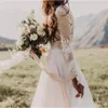 2020 Cheap Bohemian Country Wedding Dresses Sheer Long Sleeves Jewel Neck A Line Lace Applique Chiffon Boho Plus Size Formal Bridal Gowns